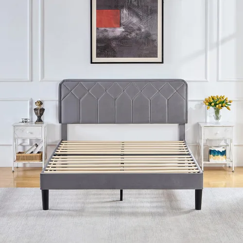 Vista 8 de VECELO Base de cama tamaño Queen con plataforma tapizada de cuero de alta calidad con cabecera ajustable en altura / base de colchón, soporte