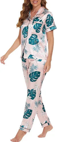 Vista 3 de VENTELAN Womens Silk Satin Pajama Sets Short Sleeve Button Down Top and Long Pants 2 Piece Pjs Set Soft Sleepwear