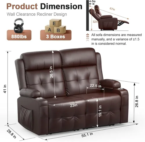Vista 5 de Sofá reclinable manual de dos plazas, sofá reclinable de pared con masaje, puertos USB y tipo C, almacenamiento, portavasos, sofá RV para sala