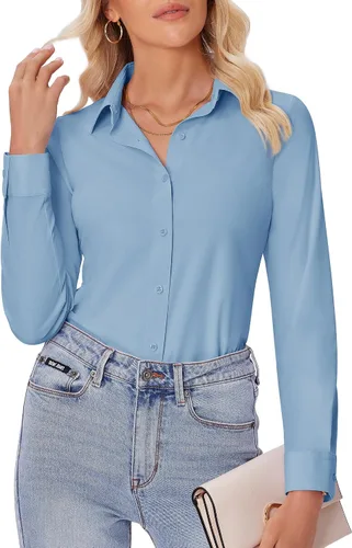 Vista 25 de siliteelon Camisas con botones para mujer, ajustadas, de manga larga, elásticas, de vestir, camisas de trabajo, sin arrugas, blusas de oficina