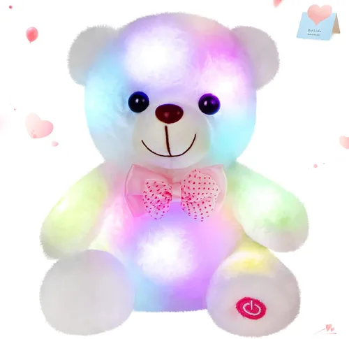Vista 11 de BSTAOFY Oso de peluche con luz marrón, oso de peluche brillante, juguete de peluche suave para niñas y niños, regalos de cumpleaños, 8 pulgadas