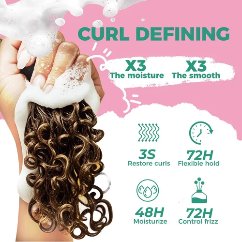 Vista 3 de immetee Mousse de pelo rizado, aceite de coco y proteína de seda para el control del encrespamiento, espuma de peinado extra para el bloqueo