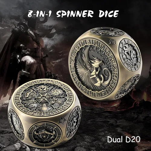 Vista 3 de DNDND Dados Giratorios 8 en 1 con Doble D20 – Juego de Dados Hexagonales de Metal con Temática de Monstruos D&D para TTRPG Dungeons and Dragons