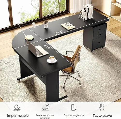 Vista 6 de LITTLE TREE Escritorio ejecutivo grande de 82.67 pulgadas de largo en forma de L para computadora con archivador móvil de 3 cajones, mueble Negro