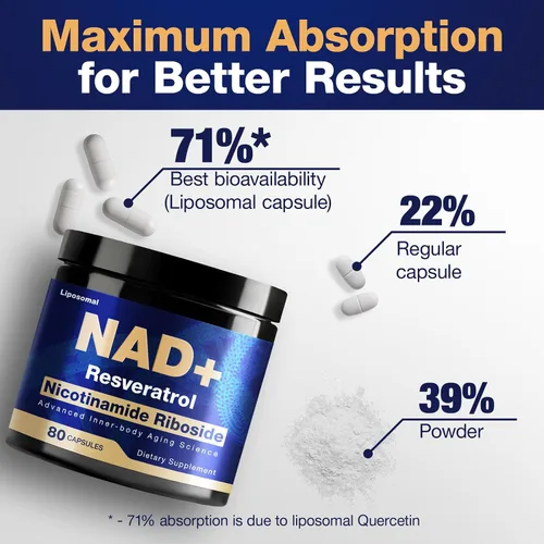 Vista 5 de Suplemento NAD - NAD nicotinamida ribósido resveratrol 900 mg, suplementos NAD para mujeres y hombres, NAD+ liposomal para antienvejecimiento