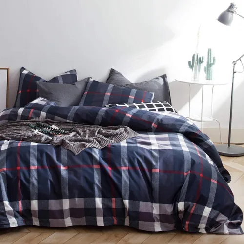 Vista 4 de Wellboo - Juego de edredón de tamaño King, color azul marino a cuadros, ropa de cama geométrica de tartán, edredón de algodón, para hombres y 3-azul