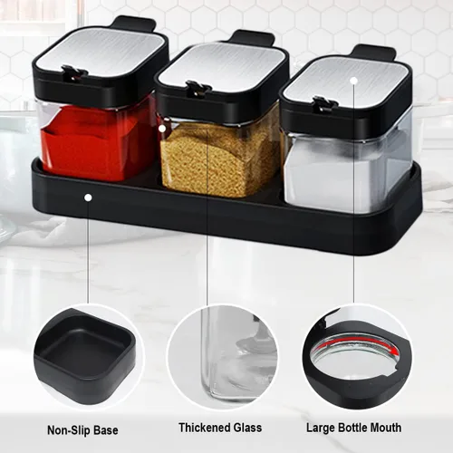Vista 4 de Tarros de especias de condimentos de vidrio, 5.6 onzas/8.6 fl oz, recipiente para especias con tapas y cucharas y bandeja, recipientes de vidrio