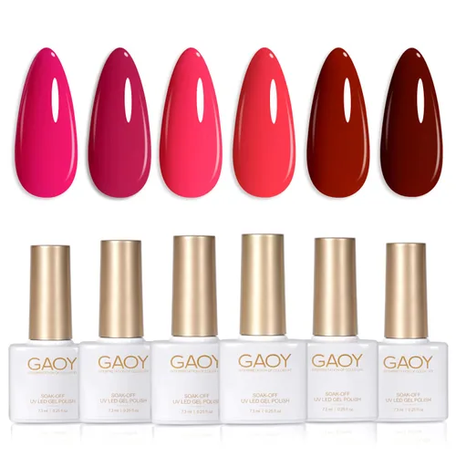 Vista 25 de GAOY - Juego de 6 esmaltes de uñas en gel de color rojo borgoña, incluido el kit de esmaltes en gel de color rojo vino cereza oscuro con luz