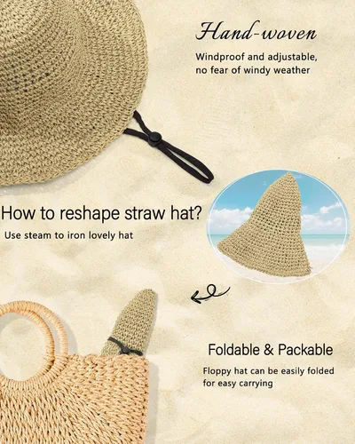 Vista 5 de Sombreros de sol para mujer, sombrero de pescador de paja de ala ancha de 2-Beige