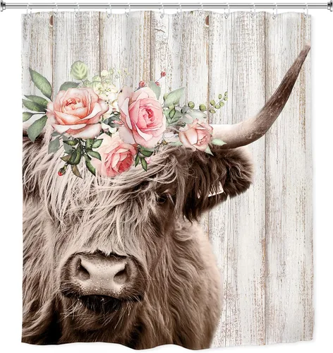 Vista 6 de Highland Cow Farmhouse - Cortina de ducha rústica con diseño de toro, 60 pulgadas de ancho x 72 pulgadas de largo Country Western - Juego