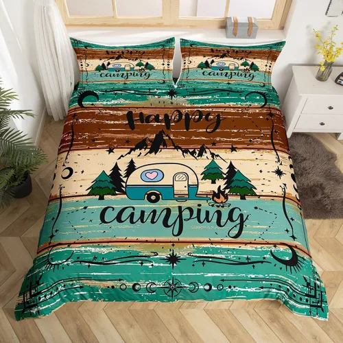 Vista 40 de Erosebridal Juego de funda de edredón de cabaña de cabaña, ropa de cama individual para niños, funda de edredón de campamento feliz, ropa de cama