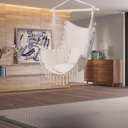 Vista 4 de Silla colgante hamaca – Asiento columpio de cuerda de algodón – máximo 250 libras – 2 cojines incluidos – para interior y exterior, dormitorio, Beige