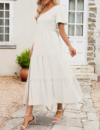 Vista 6 de ZESICA Vestido midi bohemio de verano con un hombro descubierto, manga corta, fruncido, abertura lateral, con volantes