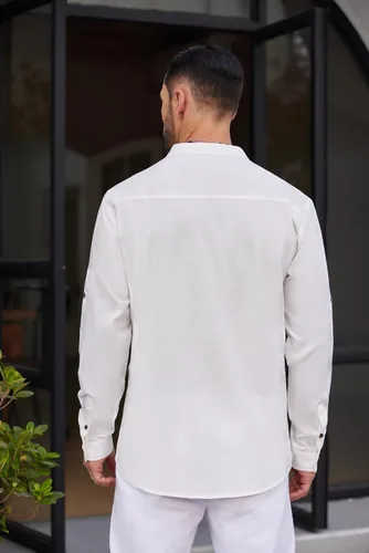 Vista 4 de COOFANDY Camisa Henley de algodón y lino para hombre, estilo casual, para playa, hippie, camisetas de manga larga