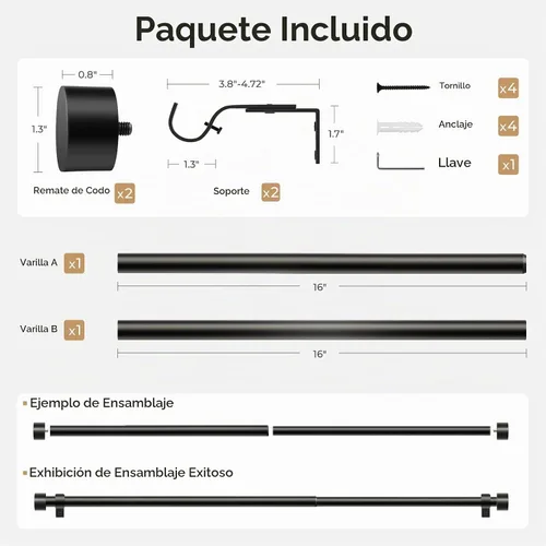Vista 6 de Zeerobee Barras de cortina para ventanas de 16 a 24 pulgadas, barra de Negro