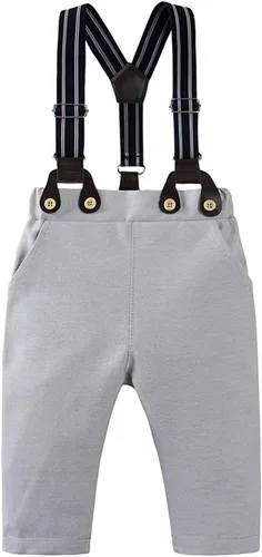 Vista 4 de TAOJIAN Conjunto de traje de caballero para niños pequeños, mameluco con botones para recién nacido+pantalones con tirantes desmontables+pajarita +