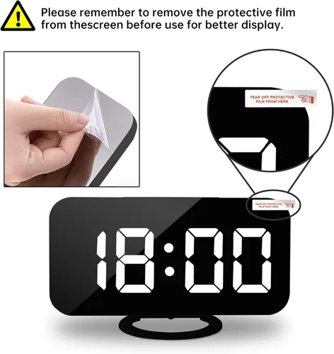 Vista 7 de Reloj despertador digital, relojes electrónicos con espejo LED de 7 pulgadas, con 2 puertos de carga USB, modo de suspensión, ajuste automático