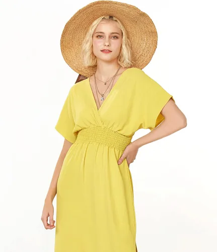 Vista 2 de noflik Vestido estilo babydoll estilo peplum para mujer, estilo casual, bohemio, fruncido, acampanado, para invitadas de boda, fiesta, negocios