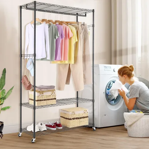 Vista 6 de Homdox Perchero de ropa con ruedas de grado comercial, estante de almacenamiento de ropa de 2 niveles con estantes de alambre ajustables, armarios