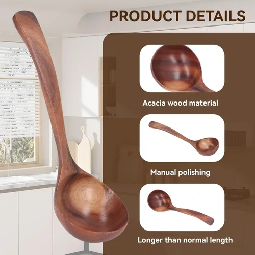 Vista 5 de Cucharón de madera para sopa, cuchara de madera de 10.63 pulgadas para cocinar, cuchara de servir de madera de mango largo, cuchara de madera