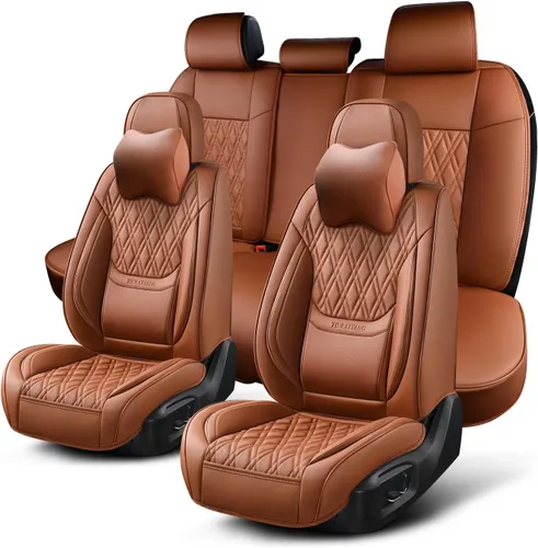 Vista 25 de Fundas de asiento delantero de automóvil, par de fundas de asiento delantero de cuero transpirable con reposacabezas, funda universal de asiento
