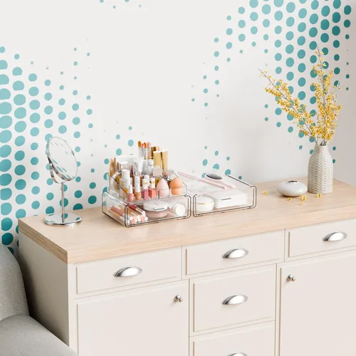 Vista 8 de Yieach Organizadores de maquillaje de 3 niveles en acrílico transparente con 2 cajones, soporte de maquillaje tiered de escritorio y organizadores