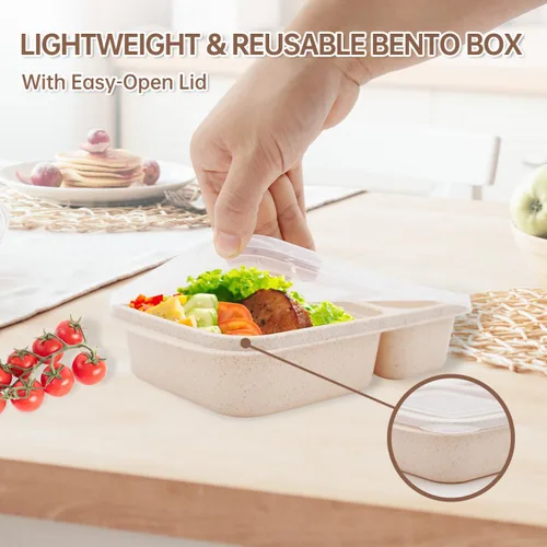 Vista 5 de Paquete de 4 cajas de almuerzo Bento, contenedores de preparación de comida de 2 compartimentos con tapas, aptos para microondas y lavavajillas