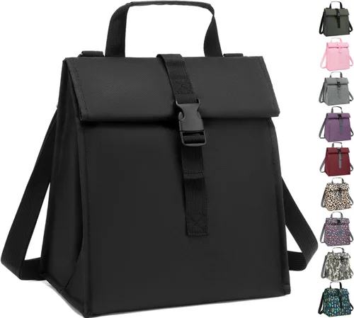 Vista 13 de GYEUKHAM Bolsa de almuerzo aislada para hombres/mujeres/niños, lonchera reutilizable con tapa enrollable y correa ajustable para el hombro Verde
