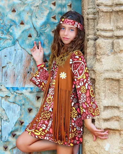 Vista 7 de Disfraz hippie para niñas, vestido hippie de los años 70, diadema, traje con signo de la paz, aretes, collar, Halloween, cosplay, disfraz