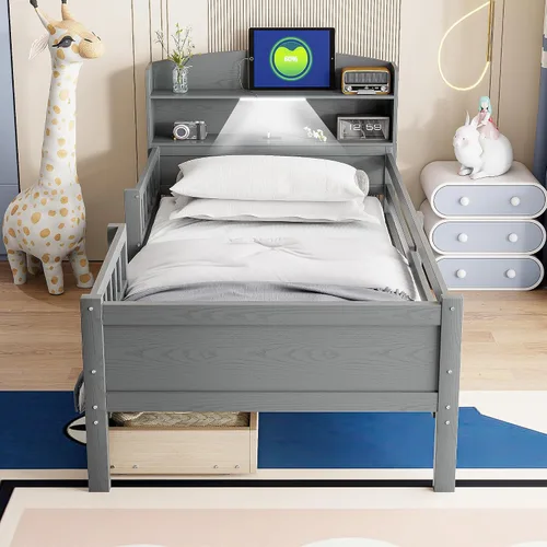 Vista 3 de P PURLOVE Cama de plataforma de tamaño individual con cabecera de almacenamiento, marco de cama de madera con luz LED integrada, cama de plataforma