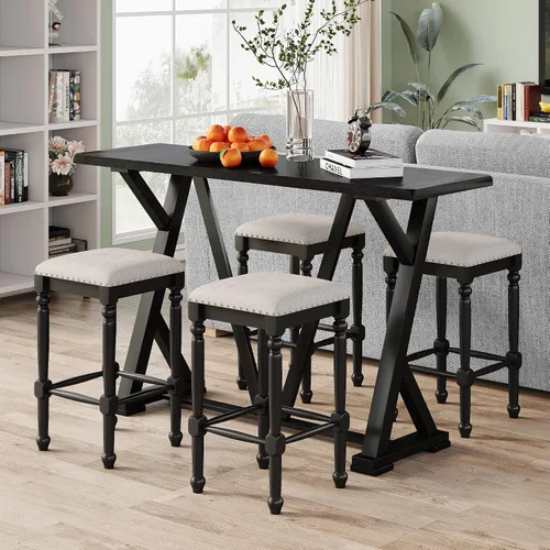 Vista 11 de Farmhouse - Juego de comedor rústico de 5 piezas con 4 taburetes, juego de mesa consola de madera con acabado de dos tonos, para comedor pequeños