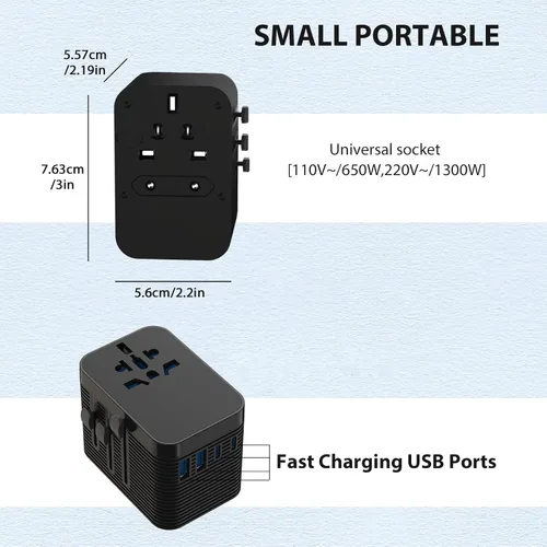 Vista 6 de Adaptador de viaje mundial con 5 puertos (1 AC/2 USB-A/2 USB-C), enchufe de alimentación universal, protección contra sobretensiones de fusibles