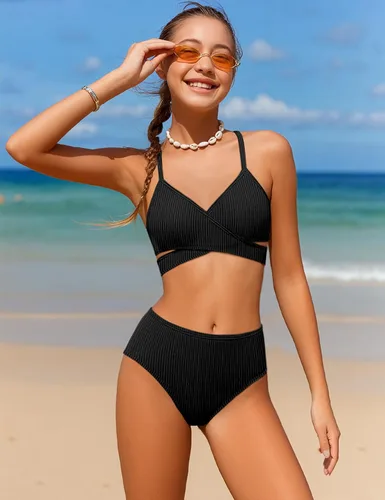 Vista 2 de Conjunto de bikini para niñas, traje de baño de dos piezas, traje de baño cruzado para niñas