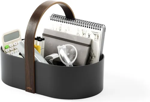 Vista 7 de Umbra Bellwood Caddy, organizador para maquillaje y cosméticos, contenedor ligero y duradero con mango de madera y divisores extraíbles, pequeño