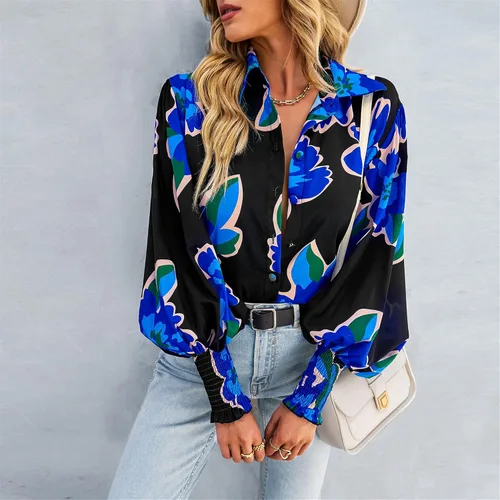 Vista 3 de AELSON Blusa de manga larga con cuello en V y estampado floral para mujer, estilo bohemio, con botones