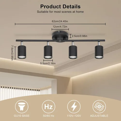 Vista 7 de Ketom Luminarias de Riel de Techo de 4 Luces, Foco LED de Techo Negro GU10, Kit de Luz de Riel Moderno para Cocina Pasillo Sala de Estar