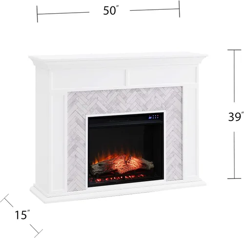 Vista 9 de SEI Furniture Torlington - Chimenea eléctrica con azulejos, blanco, mármol gris, 15 pulgadas de profundidad x 50 pulgadas de ancho x 39 pulgadas