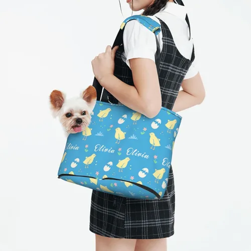 Vista 3 de Transportador personalizado para mascotas, diseño de huevos y pollo amarillo de dibujos animados de Pascua, plegable, de lados suaves, bolsa