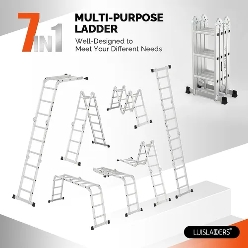 Vista 9 de LUISLADDERS Escalera plegable Extensión de aluminio multiusos 7 en 1 escalón resistente combinación EN 131 estándar (12.5 pies)