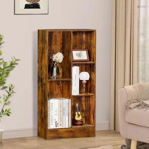 Vista 7 de LEYAOYAO Estantería moderna de 5 cubos de madera marrón de mediados de siglo, estante organizador de almacenamiento de 3 niveles, gabinete