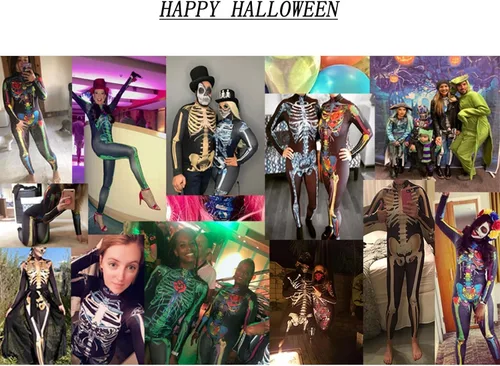 Vista 7 de CUEPANDA Disfraz de Halloween para mujer, disfraz de esqueleto, overol de manga larga con estampado 3D de calavera, traje de cosplay