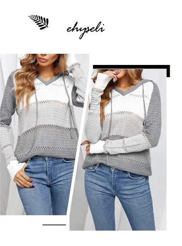 Vista 4 de ehyseli Sudaderas con capucha de manga larga con cuello en V para mujer, con cordón, sueltas