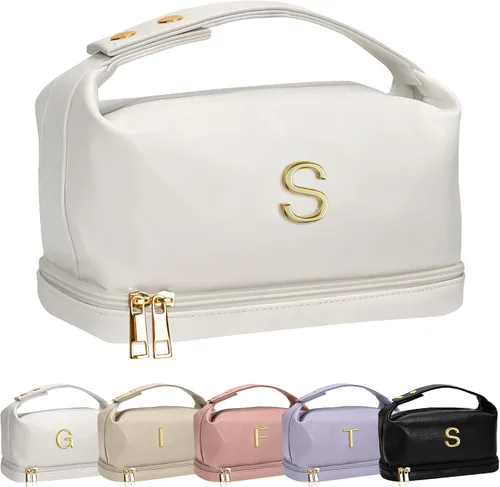 Vista 13 de Bolsa de maquillaje con asa, bolsa de cosméticos impermeable de doble capa, bolsas de maquillaje de cuero PU de gran capacidad con letra, bolsa