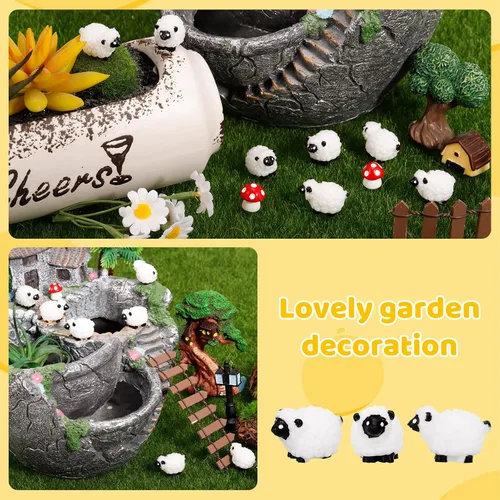 Vista 4 de 100 mini figuras de oveja blanca en miniatura de resina de ovejas pequeñas, lindas figuritas pequeñas de hada al aire libre, adornos de musgo, Negro