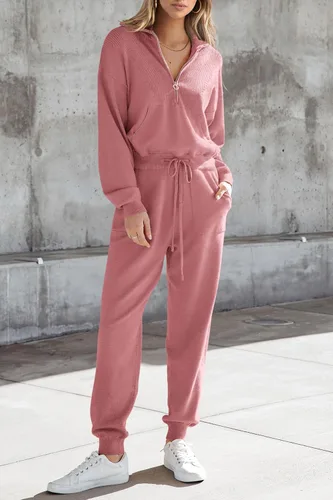 Vista 26 de PRETTYGARDEN Conjunto de suéter de 2 piezas para mujer, sudadera con cremallera, pantalones deportivos, ropa casual