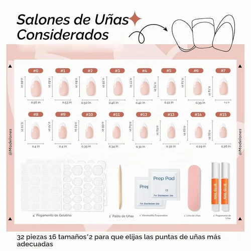 Vista 6 de modelones 64 uñas postizas de punta francesa a presión, uñas postizas cortas de almendra a presión con pegamento de uñas, pestañas adhesivas, lima