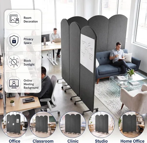 Vista 9 de 3-Panel Portable Office Partition, Acoustic Wall Divider with whiteboard Gris Oscuro