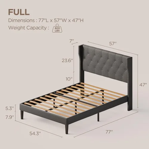 Vista 2 de Aiho - Base de cama tapizada de tamaño matrimonial con cabecera con respaldo de ala, color gris oscuro Button Tufted Headboard, Wood Slat Support