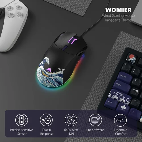 Vista 2 de Womier Ratón para juegos con cable, mouse de anime RGB negro con computadora ergonómica 12000DPI/6 botones programables botones programables