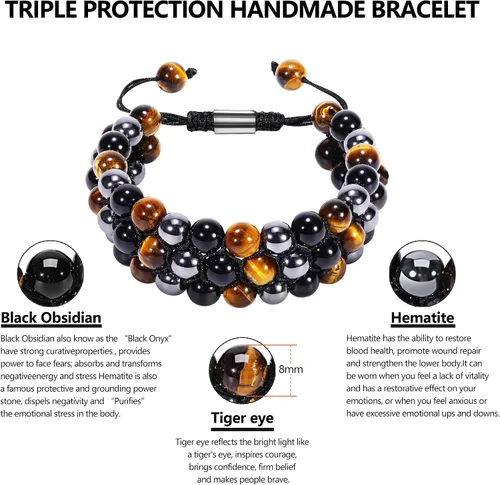 Vista 3 de Pulsera de Triple Protección - Para Protección - Trae Suerte y Prosperidad - Hematita - Obsidiana Negra - Ojo de Tigre - Pulsera de Piedra